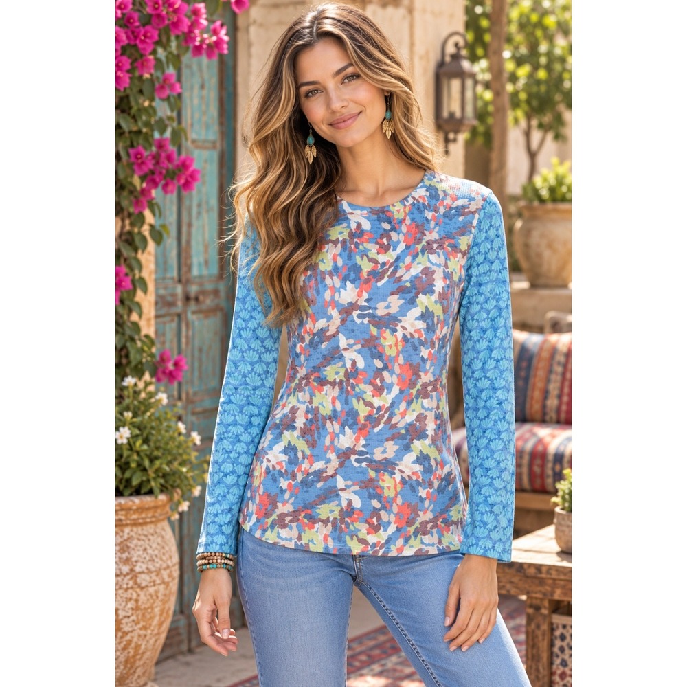 Sundance WHIMSY ROSE Blue Abstract Floral Mixed Print Thermal Top Small Made USA